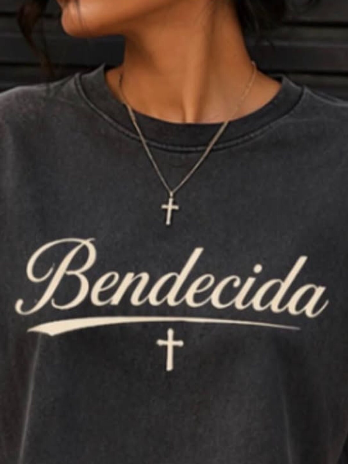 Bendecida cropped tee in washed black, script logo with a cross